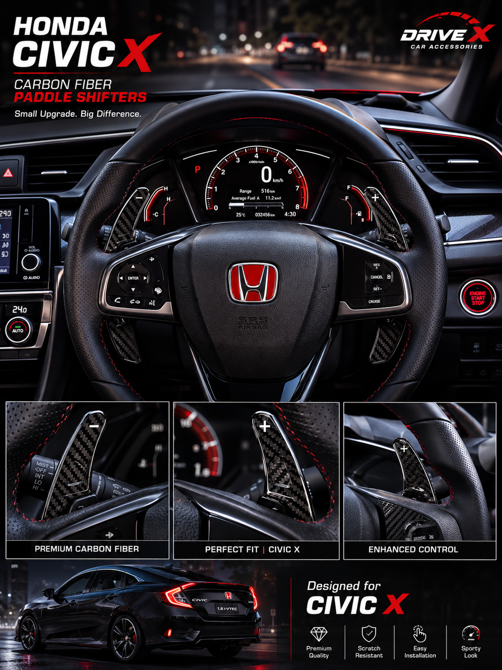 Carbonfibre Paddle Shifter Extension For Honda Civic X