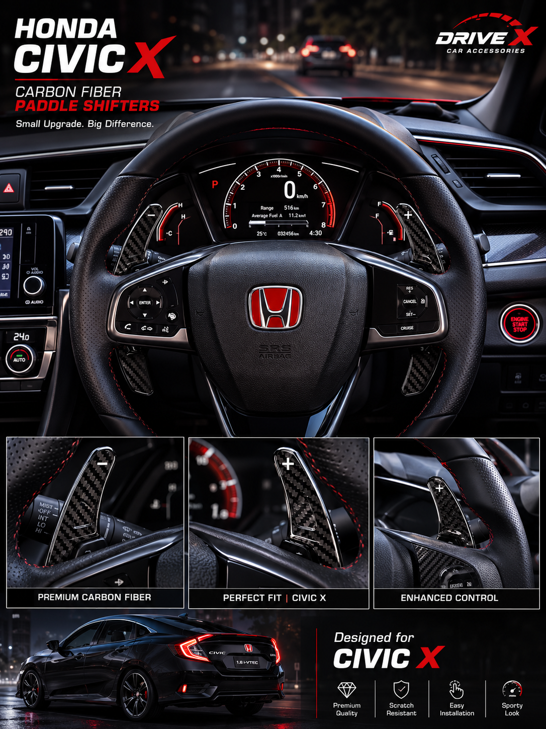 Carbonfibre Paddle Shifter Extension For Honda Civic X